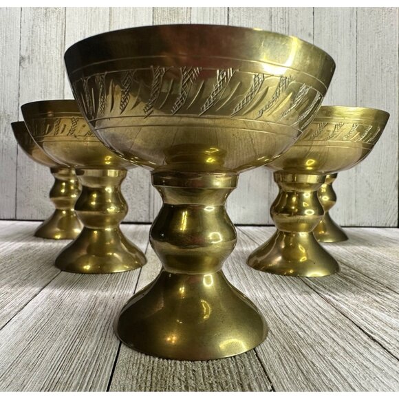 Vintage Set of 6 Etched Brass Footed Goblets Bowls Patina Made in India 4" Tall - Picture 1 of 8